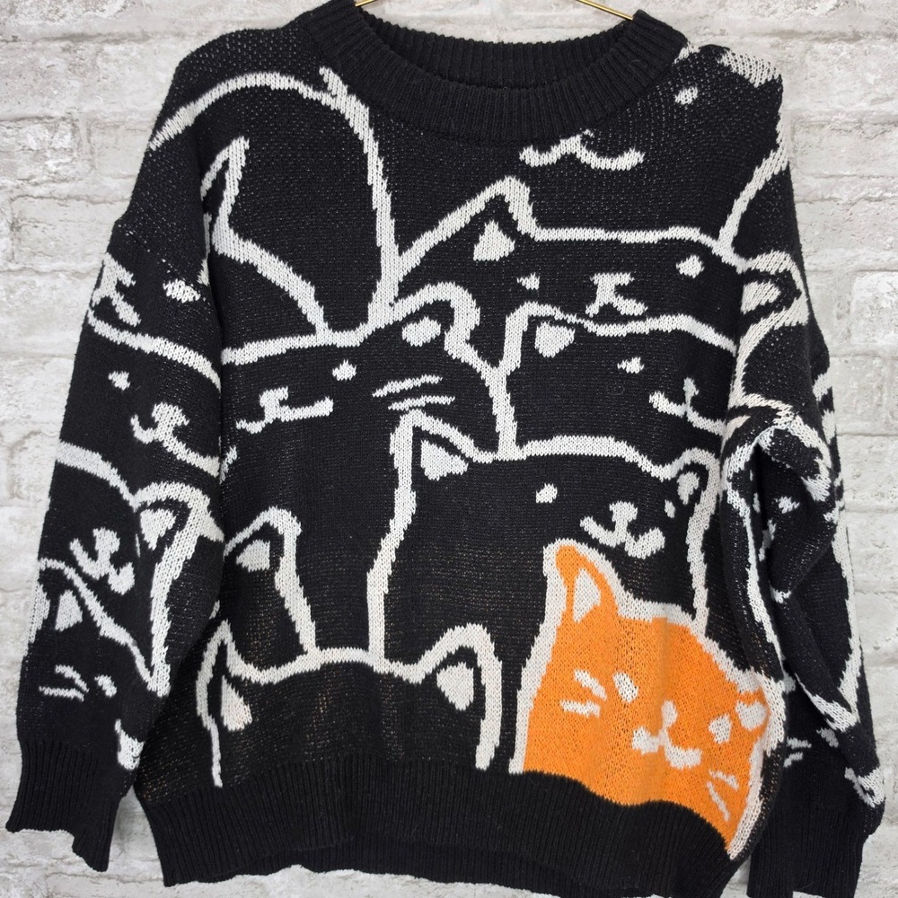 80s Style Cat Sweater Oversized Harajuku Y2K Kawaii Knit Grandpa Pullover Large